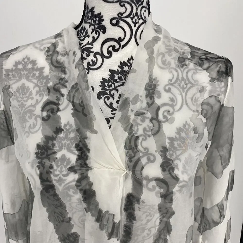 Belle France White & Gray Sheer Silk Blend Cover-Up Blouse Roll Tab Sleeves M - Picture 3 of 9